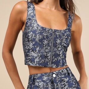 Lulus Aesthetic Confidence Navy Jacquard Sleeveless Top Blue - Size M
